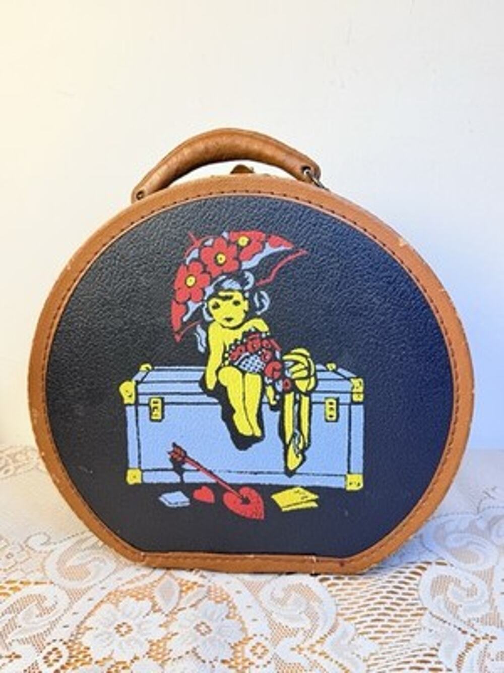 Vtg MCM Black W/ Girl Parasol Doll Luggage 11” Travel Suitcase